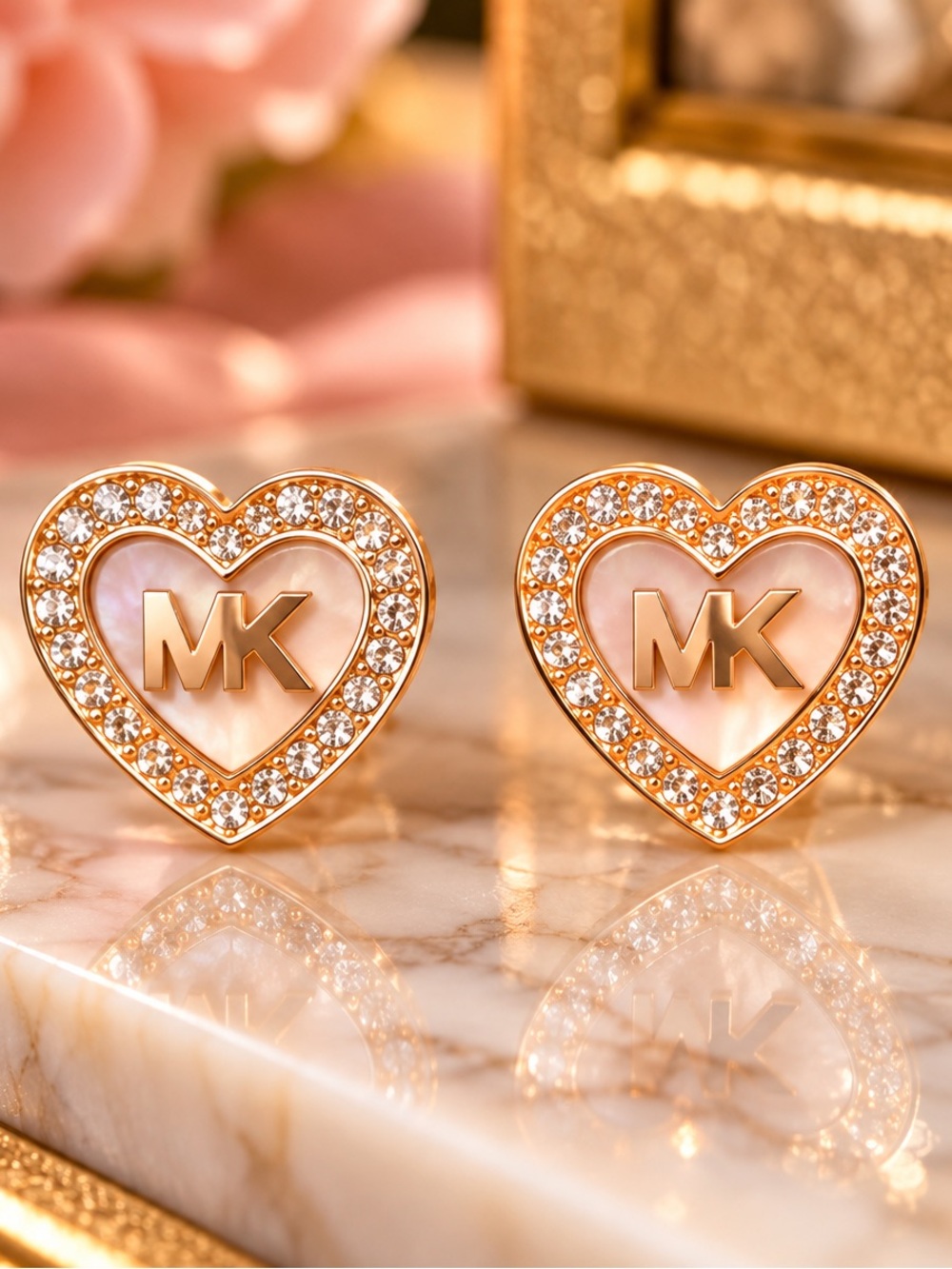 Michael Kors Rose Gold Heart Crystal MK Logo Stud Earrings